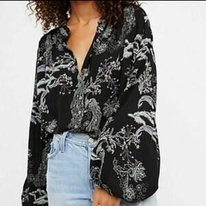 Free People Blooms Blouse Oversized Peacock Print Button Front Blouse Sz Small